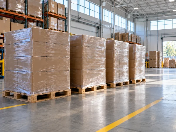 Pallets of cartons from a first production run
