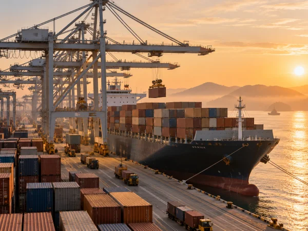 Container ship loading at a port for ocean freight