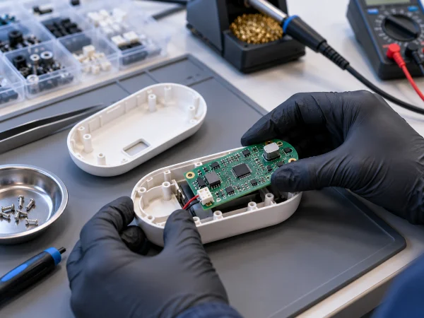Engineer fitting circuit board into product prototype housing