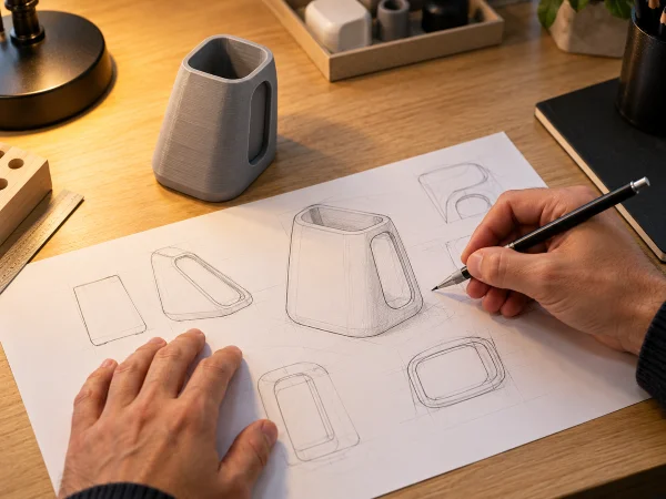 Inventor sketching product design before filing patent pending