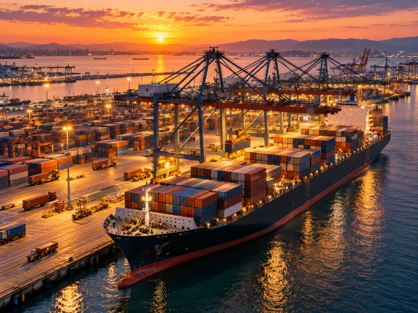 Shipping containers loaded onto cargo ship for product launch